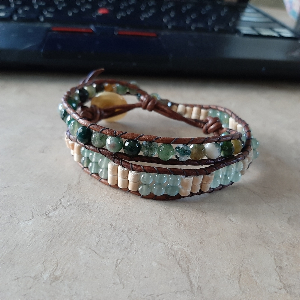 Green aventurine leather wrap bracelet